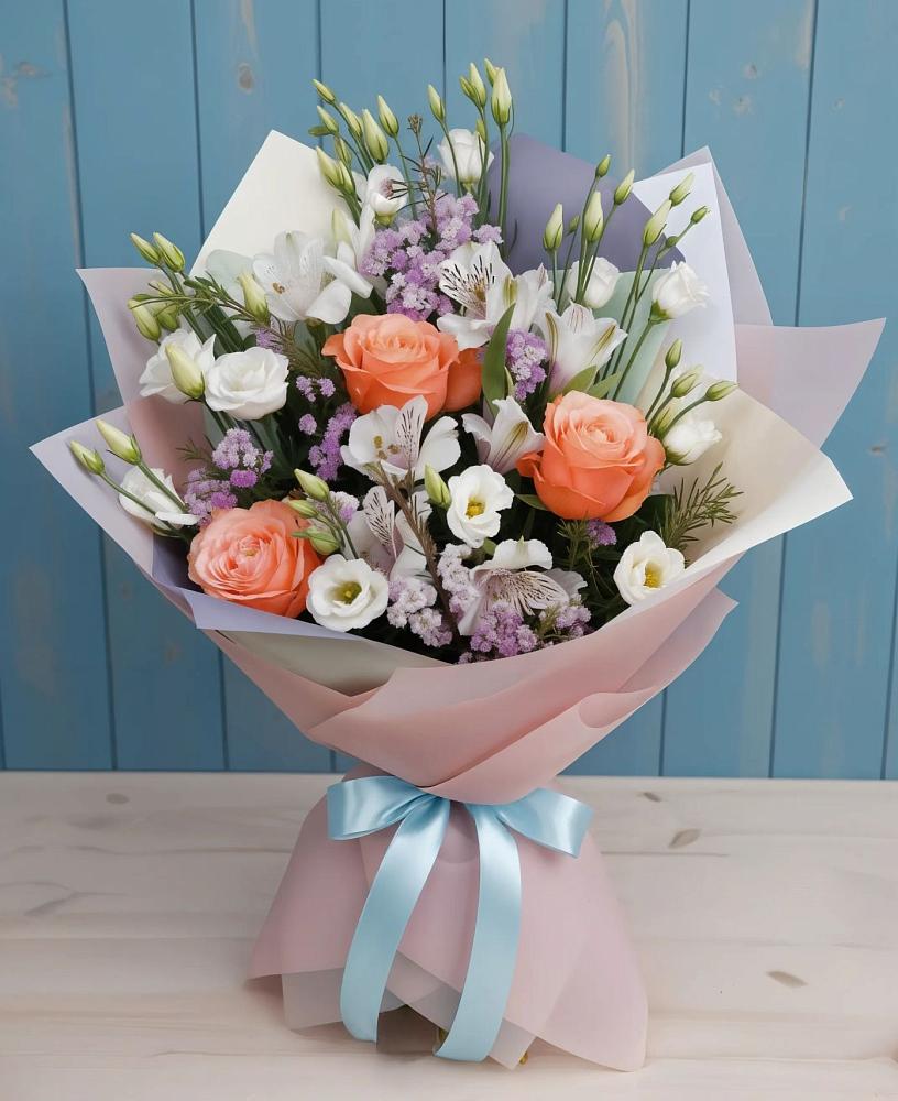 Букет цветов из: Лизиантусы, Розы, Альстромерии и Гипсофила в Радице-Крыловке